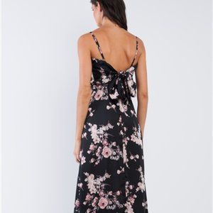 Black Satin Floral Print Maxi Dress